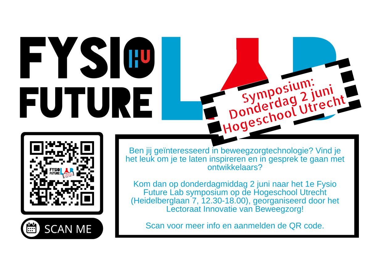 Kom je ook naar ons symposium over #beweegzorgtechnologie bij de HU? Op 2 juni: is het 1-ste Fysio Future Lab Symposium. Er zijn nog plaatsen beschikbaar. Dus ben je #fysiotherapeut, docent, onderzoeker of student? Geef je dan snel op
live-event.husite.nl/fysio-future-l…