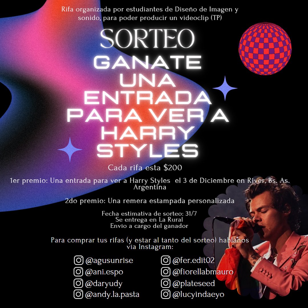 flowerlinson's tweet photo. Con mis compas de la facu estamos rifando una entrada de harry en campo general para el 3/12, a quien le interese me puede hablar x priv o x instagram (agusunrise) https://t.co/MBIqOlArce