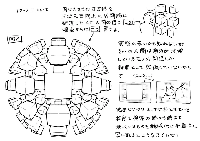 アシさんへの説明と自分の思考の整理のために急拵えでまとめたパースについてのざっくりしたまとめ
肝心の図が全てフリーハンドなのでパースが狂っている上、多分直ちに影響がないレベルで色々間違ってる 