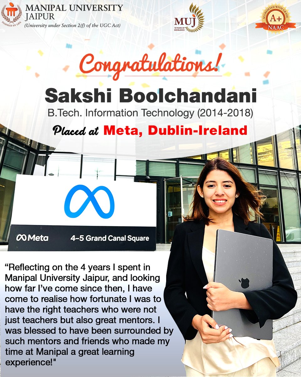 Jaipur_Manipal's tweet photo. #MUJ congratulates Sakshi Boolchandani, #BTech #IT Batch 2014-18, on getting #placed at #Meta.
#AdmissionsOpen.
https://t.co/xSEGrfpJFb
#ManipalUniversityJaipur #Admissions2022 #MechatronicsEngineering #Placement #MUJplacements #MetaPlacerement #studentplaced https://t.co/KuEJR81Ilm
