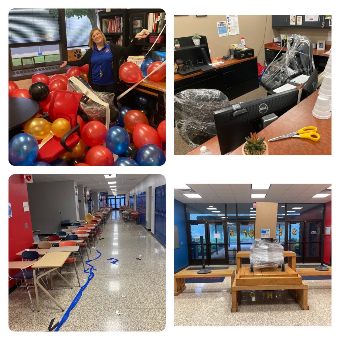 Senior Pranksters attacked last night. Mrs. Anderson has enough balloons to last her a lifetime. ##Donttouchthedoorknobs #vaselineeverywhere #furnitureallmovedout