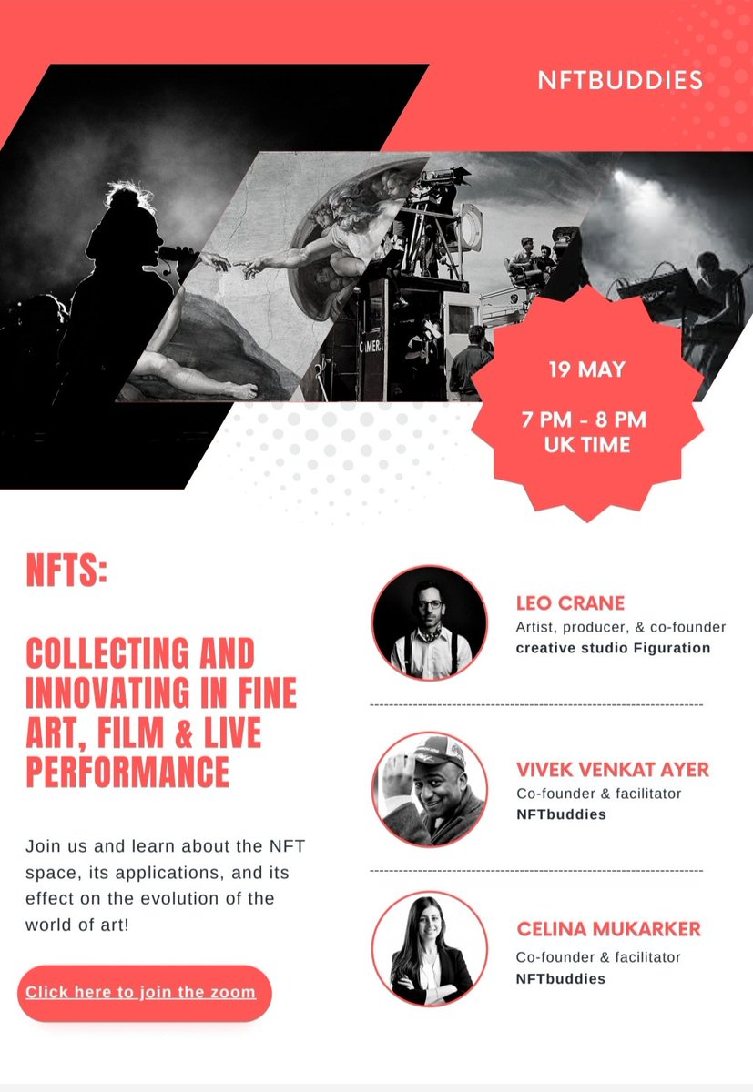 leocrane's tweet photo. 🚀TONIGHT 7pm UK
🌟 TY @CelinaMukarker
& @VivekVAyer for inviting me to discuss #NFTs with investors & innovators
🎬🎶🎨 I'll be sharing my experience of #NFTfilm, #NFTart #NFTopera & #NFTcommunity
🥳 join the zoom event through Eventbrite 👇
https://t.co/xIbrf1jQbG https://t.co/8ayV7hQr6I