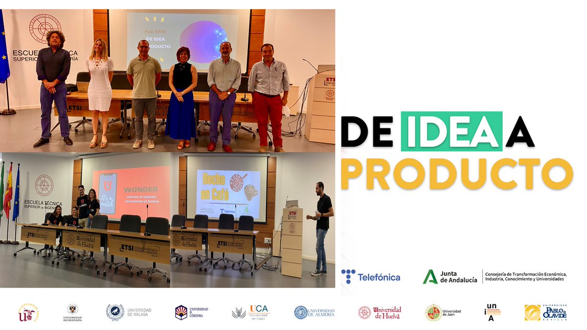 OpenFuture_And's tweet photo. La #iniciativa de emprendimiento #universitario🚀 "De Idea a Producto" está seleccionado a los 20 #proyectos que recibirán #mentorización y #financiación de hasta 5.000 € para la creación del PMV. 
📸Aquí el Comité de Selección y dos de los proyectos presentados en la @UniHuelva https://t.co/zbucOo0nC6
