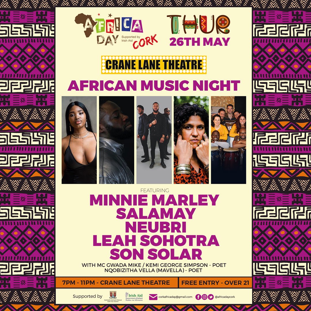 AfricaDayCork's tweet photo. Music and the arts are indispensable to us. It unites us. 

We are music lovers , young and old. We are poets and thinkers. 
African Music Night is here 🙌🏾 

We invite you to join us Thursday, 26th May 7pm in @CraneLane 

Come commune 
Dress Code: Elegance 
Free Entry 
🔊 💃🏾 🕺🏾 https://t.co/KPNNC4QUee