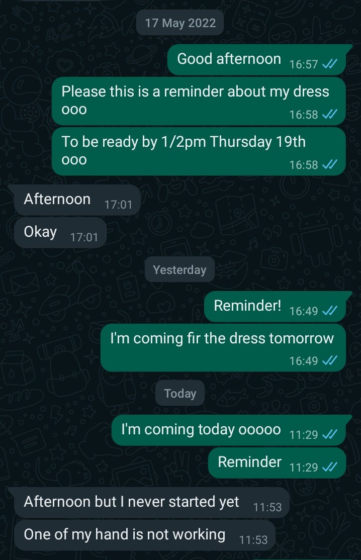 MaataVermillion's tweet photo. Ladies and Gentlemen, the person making the dress I'm meant to collect today https://t.co/bwD0khtgdU