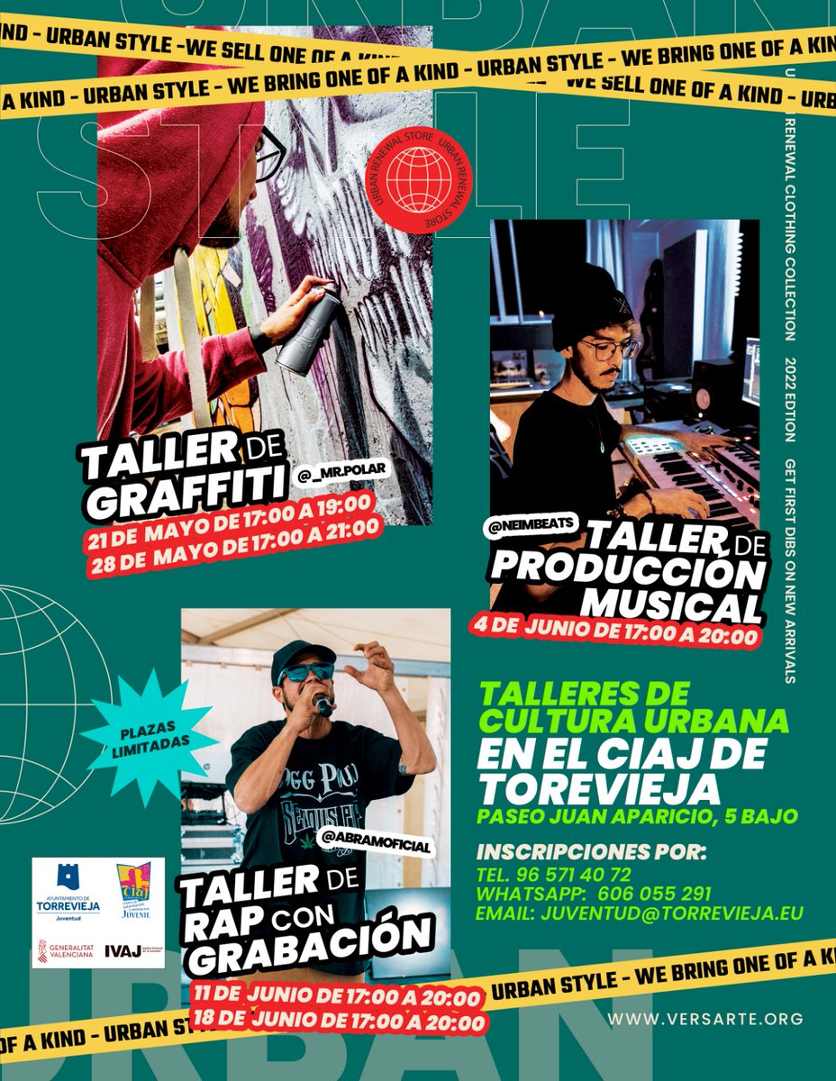 🤟El próximo sábado, 21 de mayo, comienzan los Talleres de Cultura Urbana de Graffiti, Producción Musical y Rap

Las inscripciones ya están abiertas y son TOTALMENTE GRATUITAS‼️

+INFO 👉 cutt.ly/7HUITCp

#poryparatorrevieja #torrevieja #juventud #musicaurbana