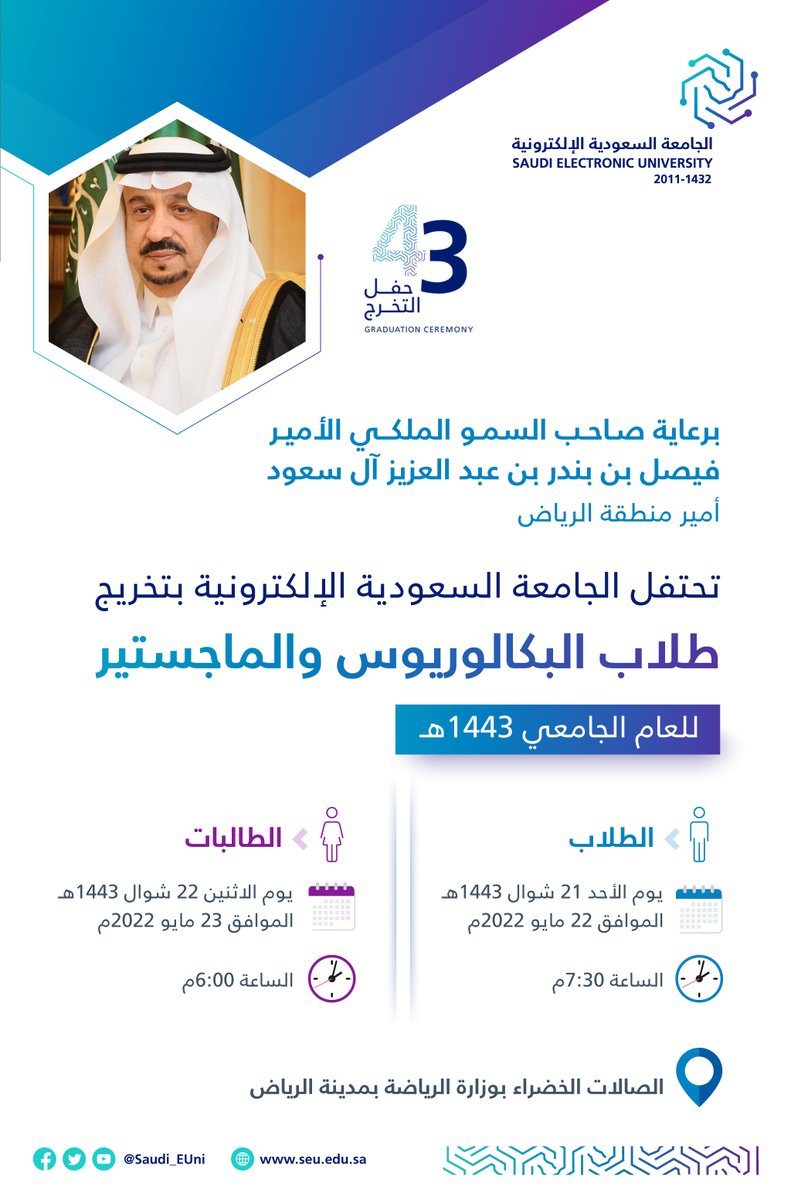Saudi_EUni's tweet photo. 📜تحت رعاية صاحب السمو الملكي الأمير 
فيصل بن بندر بن عبدالعزيز آل سعود 
أمير منطقة الرياض

تحتفل #الجامعة_السعودية_الإلكترونية بتخريج طلبة البكالوريوس والماجستير للعام 1443 هـ 
وذلك يومي الأحد والاثنين 21-22 شوال في الصالات الخضراء 

#رواد_تعليم_المستقبل 
#SEU_2025 https://t.co/EQOprCo5Vn