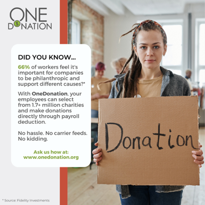 One_Donation's tweet image. 66% of workers feel it&apos;s important for companies to be philanthropic.  Go to bit.ly/3FRo8ym for more information. #payrollapi #hrtech #corporatesocialresponsibility #charitablegiving #employeeengagement