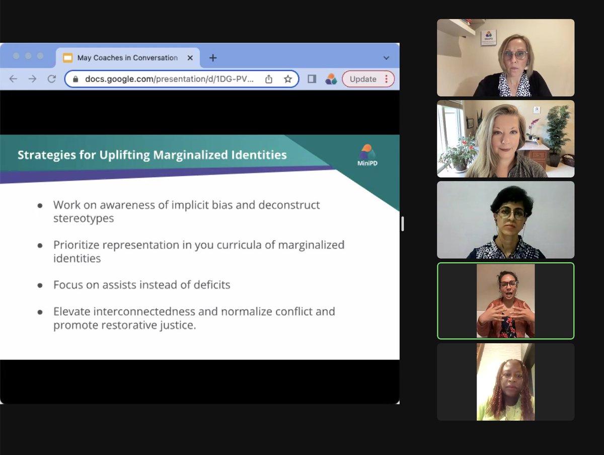 MyMiniPD's tweet photo. #MiniPDCoach @MarcelleJoline speaks to strategies for uplifting marginalized identities in our classrooms. #MiniPDChat Coaches-in-Conversation. https://t.co/pmQJffLvuX