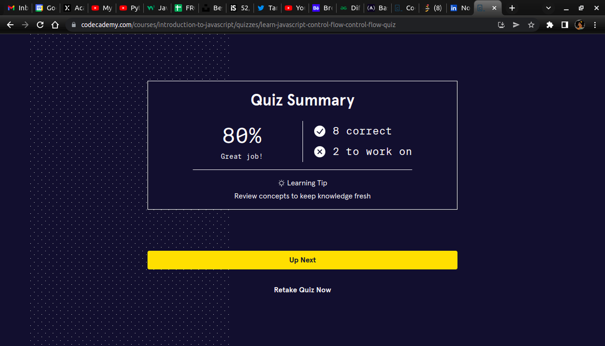ong_eye's tweet image. Day 15 and I've just finished conditional statements in javascript
#100DaysOfCode
#codeHive2022
#javascript