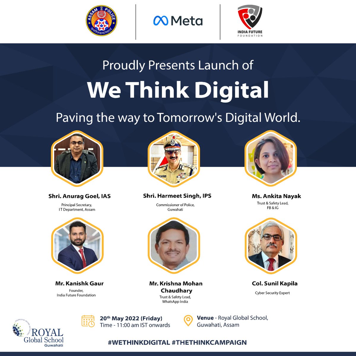 assampolice's tweet photo. Continuing our efforts to raise awareness and ensure the safety of children in the cyber world, Assam Police in association with @metaindia , @IndiaFutureFou2 and Royal Global School present '#WeThinkDigital' tomorrow at 11:00 PM. 

#TheThinkCampaign https://t.co/CL6qmMKetC
