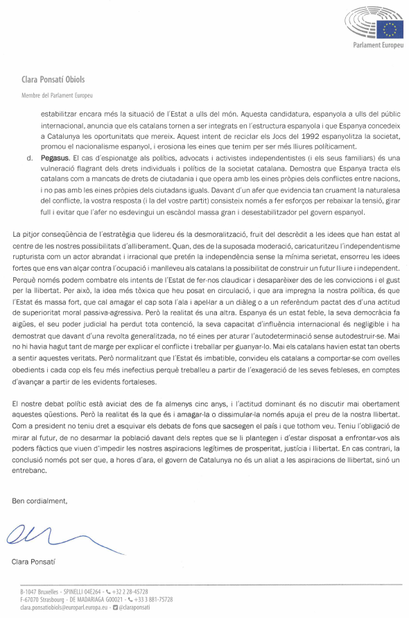ClaraPonsati's tweet photo. Avui, juntament amb el conseller @toni_comin, m'he reunit amb el MHP @PereAragones a l'@Europarl_EN.
He expressat les meves preocupacions sobre el rumb del govern, que també li he traslladat en aquesta carta. https://t.co/72rDqDBYnz