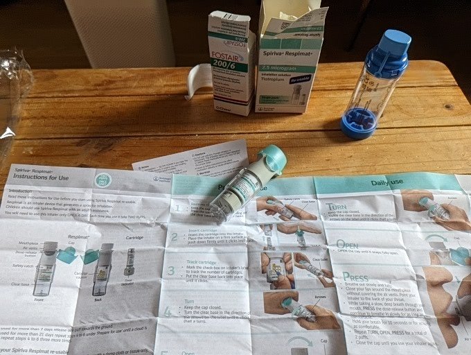 DrIanKellar's tweet photo. Contrast CT scan on lungs yesterday and new drugs today. Upgraded from seretide to fostair + spiriva. The latter required several goes to construct and operate. #a1ad #bronchiectasis https://t.co/PXkp0lCerp