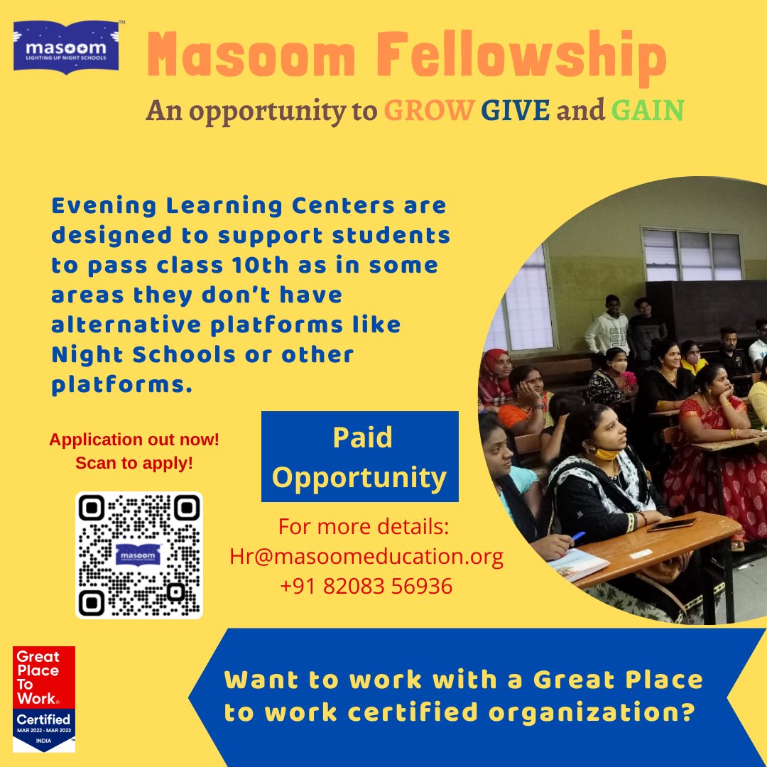 masoomeducation's tweet photo. Get a paid opportunity to work with Night School students. 
Apply now for the Masoom ELC fellowship (incubated under @TeachForIndia ) now: https://t.co/n29Xs4qMui

For FAQs: https://t.co/JeBGFpnbQB 

#Fellowship #JobAlert #mumbai #pune #ahmedabad #teachforindia https://t.co/96oPh46voE