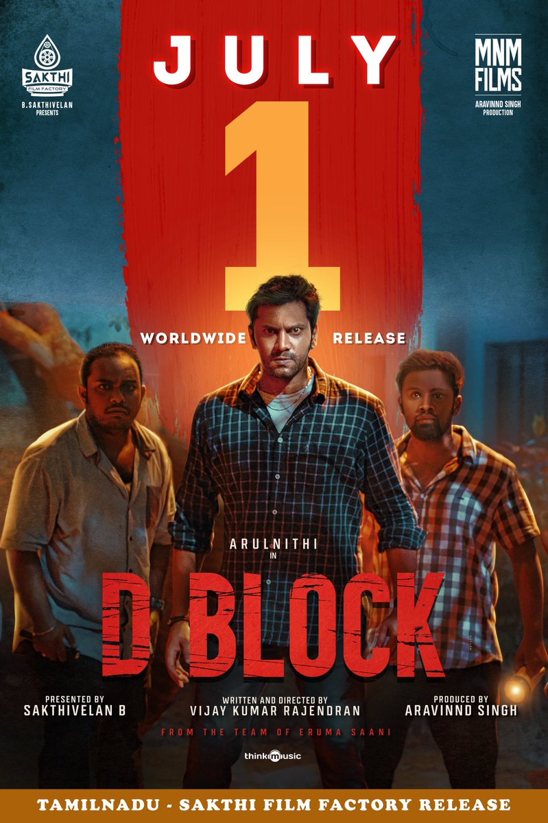 Actor <a href="/arulnithitamil/">Arulnithi tamilarasu</a>'s #DBlock world wide release on July 1st 

A <a href="/SakthiFilmFctry/">Sakthi Film Factory</a> <a href="/sakthivelan_b/">Sakthivelan B</a> Release

 <a href="/VijayKRajendran/">Vijay Kumar Rajendran</a> <a href="/MNM_Films/">MNM FILMS</a> <a href="/AravinndSingh/">Aravinnd Singh</a> <a href="/Avantika_mish/">Avantika</a> <a href="/thecutsmaker/">Ganesh Siva</a> <a href="/RonYohann/">Ron Ethan Yohann</a> <a href="/thinkmusicindia/">Think Music</a>
@Iamkaushikkrish <a href="/DoneChannel1/">Done Channel</a> #Erumasaani 

#DBlockjuly1st