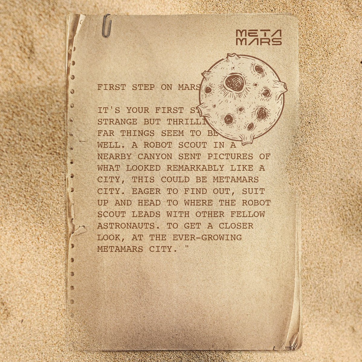 MetaMars_ETH's tweet photo. Mars Journal #6

The first step on Mars

It's your first step on Mars, strange but thrilling and so far things seem to be going well. A robot scout in a nearby canyon sent pictures of what looked remarkably like a big space, this is where MetaMars city could be in

1/2 https://t.co/rwaTVoumUU