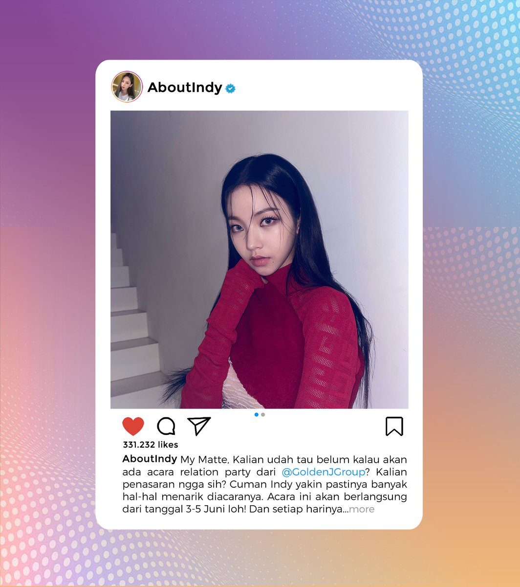 Iavtte's tweet photo. ㅤ

             ʚ 𝗔𝗯𝗼𝘂𝘁𝗜𝗻𝗱𝘆 𝗜𝗻𝘀𝘁𝗮𝗴𝗿𝗮𝗺 𝗨𝗽𝗱𝗮𝘁𝗲 ɞ
         —————————————————

My Matte, Kalian udah tau belum kalau akan ada acara relation party dari @GoldenJGroup? Kalian penasaran ngga sih? Cuman Indy yakin pastinya banyak hal-hal menarik diacaranya.
ㅤ https://t.co/a65qL1bhVo