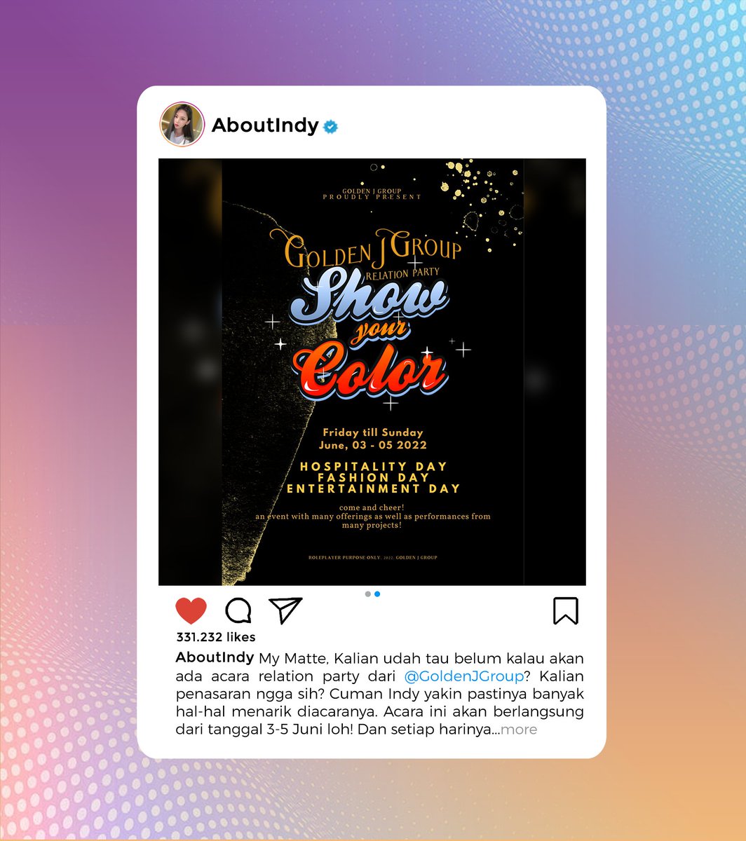 ㅤ

             ʚ 𝗔𝗯𝗼𝘂𝘁𝗜𝗻𝗱𝘆 𝗜𝗻𝘀𝘁𝗮𝗴𝗿𝗮𝗺 𝗨𝗽𝗱𝗮𝘁𝗲 ɞ
         —————————————————

My Matte, Kalian udah tau belum kalau akan ada acara relation party dari <a href="/GoldenJGroup/">Golden J Group</a>? Kalian penasaran ngga sih? Cuman Indy yakin pastinya banyak hal-hal menarik diacaranya.
ㅤ