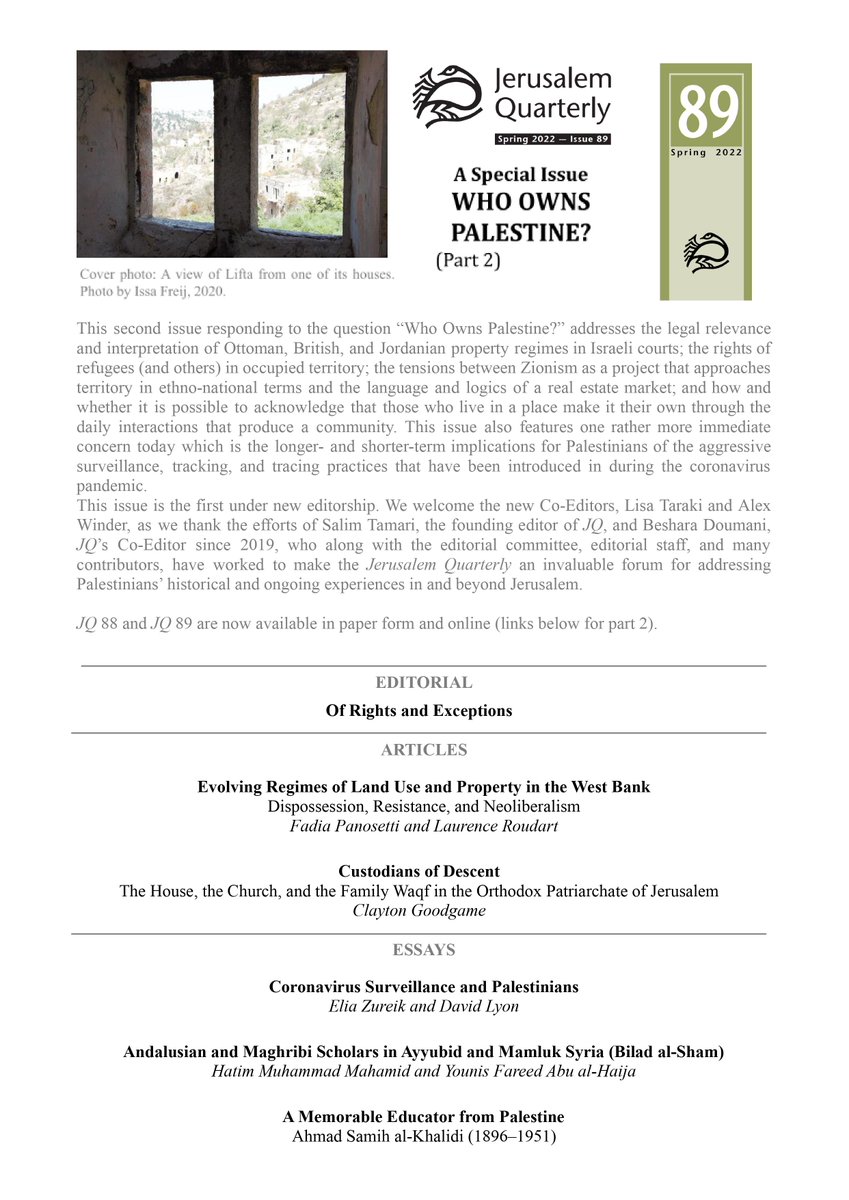 JQuarterly's tweet photo. Our latest issue of the #Jerusalem Quarterly - A Special Issue: Who Owns #Palestine? (Part 2) is available in paper form and online! @PalStudies #AcademicTwitter 
Follow the link to check it out: https://t.co/A5SURvXb2N https://t.co/sE7WV2GDou