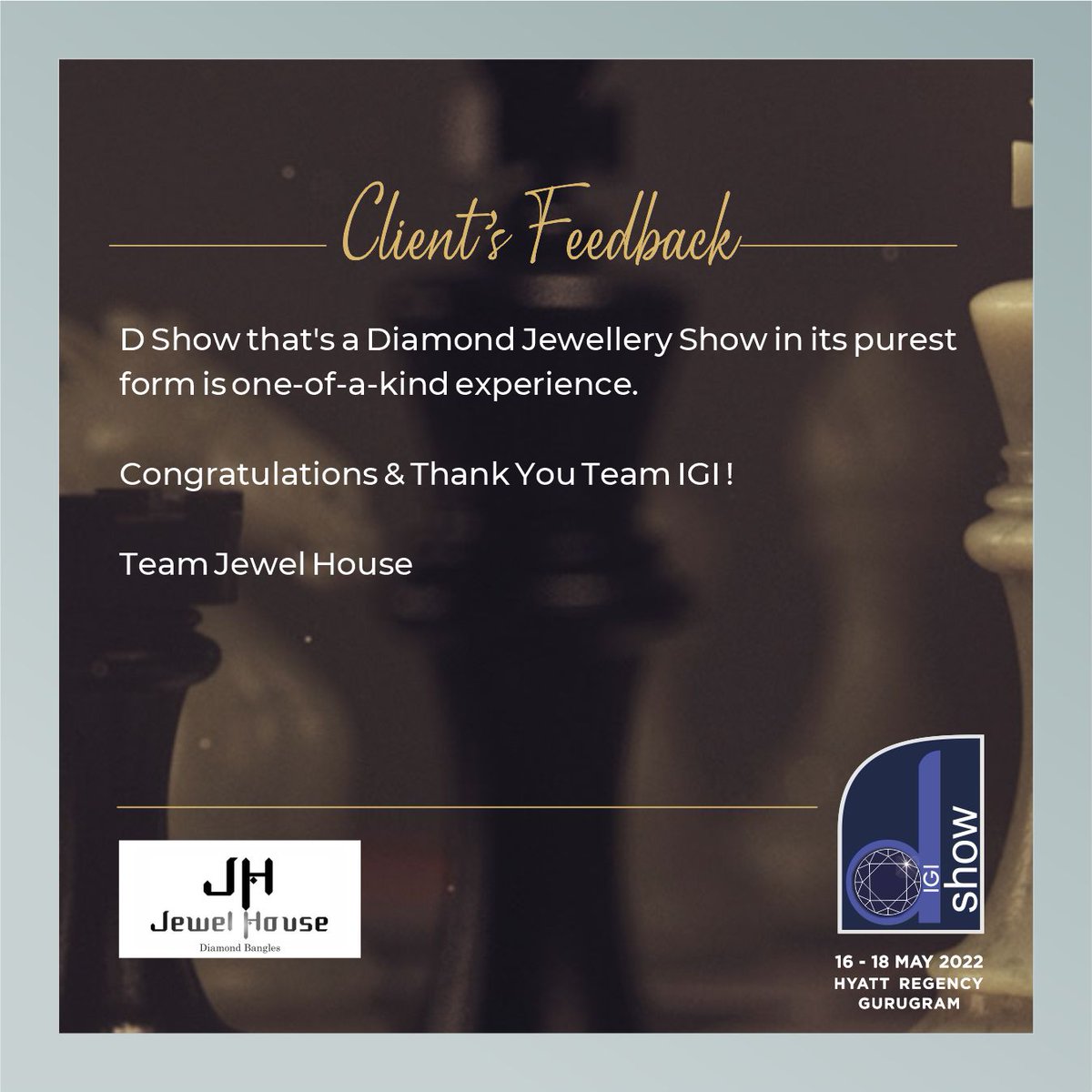 igiworldwide's tweet photo. Here is what team #jewelhouse has to say about the IGI D SHOW that took place at the Hyatt Regency, Gurugram
#igidshow #testimonial #customerreview #clientfeedback #igi #igicertified #diamondjewelry #hyatt #gurugram #diamondshow #business #businessmeet #feedback #igiindia https://t.co/97vCs6LGha