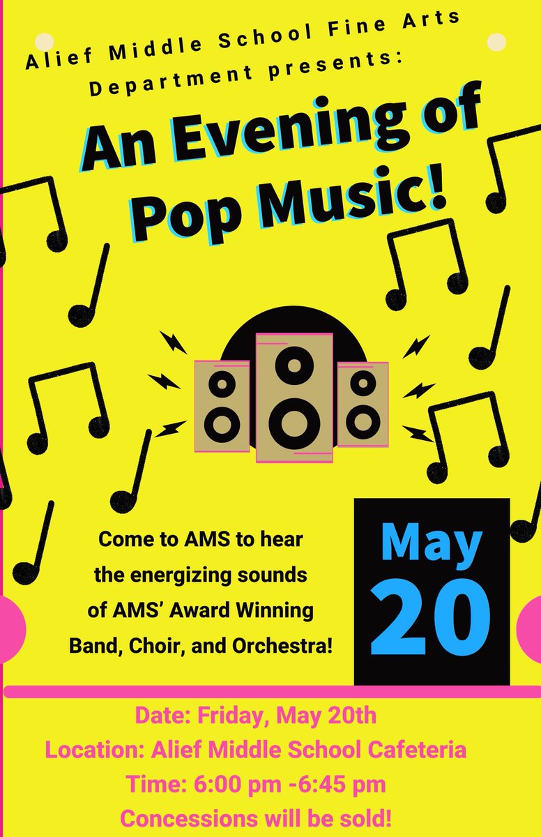 Alief Middle School (@alief_middle) on Twitter photo AMS Fine Arts Department Presents: An Evening of Pop Music! This Friday, May 20th from 6-6:45pm at AMS Cafeteria. @PrincipalLopez9 <a href="/MsLHinojosa/">Ms. L. Hinojosa</a> <a href="/RaymondLowery11/">Raymond Lowery</a> <a href="/DrPGreenleaf/">Hannah</a> <a href="/AliefISD/">Alief ISD</a> #PURPOSEPASSIONPRIDE Let's get Energized! AMS Fine Arts Department Presents: An Evening of Pop Music! This Friday, May 20th from 6-6:45pm at AMS Cafeteria. @PrincipalLopez9 <a href="/MsLHinojosa/">Ms. L. Hinojosa</a> <a href="/RaymondLowery11/">Raymond Lowery</a> <a href="/DrPGreenleaf/">Hannah</a> <a href="/AliefISD/">Alief ISD</a> #PURPOSEPASSIONPRIDE Let's get Energized!