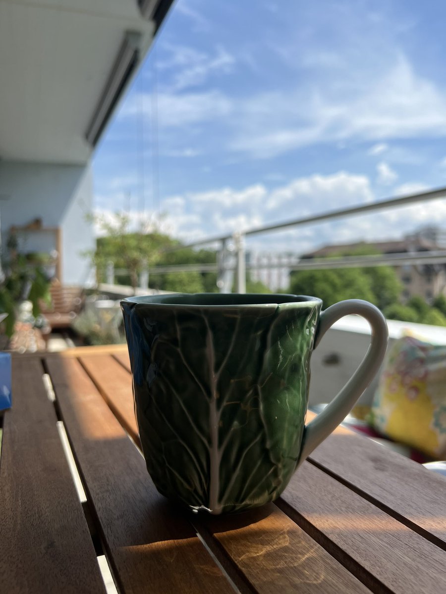 shloobee's tweet photo. I’ve been in bed for three days, so I thought some fresh air would do me good. It’s a beautiful day and I’m drinking my medicine out of a cabbage mug.#IveGotACold 😫 https://t.co/qDPt4cgQCa