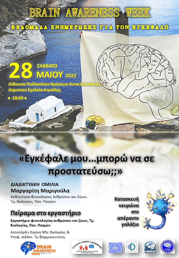 Brain Awareness Week: 28 May 2022, Amorgos
Διαδικτυακή ομιλία – Μαργαρίτα Μαριγούλα – “Εγκέφαλε μου… μπορώ να σε προστατεύσω;”
Πείραμα στο εργαστήριο – Ατσοπάρδη Κορίνα