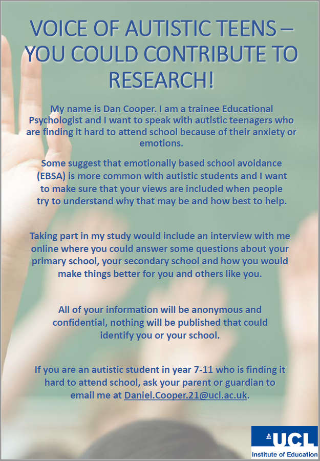 #TwitterEPs, I am researching EBSA and am looking to hear from autistic students who have difficulty attending secondary school. If you are working with young people/families/schools and know anyone who may be interested in taking part please share this flyer! Thank you 🙏