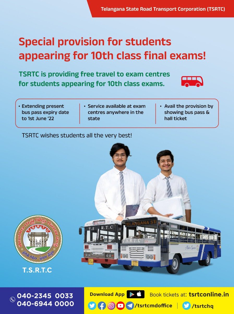 SajjanarVC_IPS's tweet photo. TSRTC is providing free travel for 10th class students who are traveling to the exam centers. Bus pass expiry date has been extended till 1st June, 2022. @TSRTCHQ @puvvada_ajay @Govardhan_MLA @IPRTelangana @SabithaindraTRS @TV9Telugu @eenadulivenews @V6News 

#TSRTCStudentPass https://t.co/J2x36HZZRn