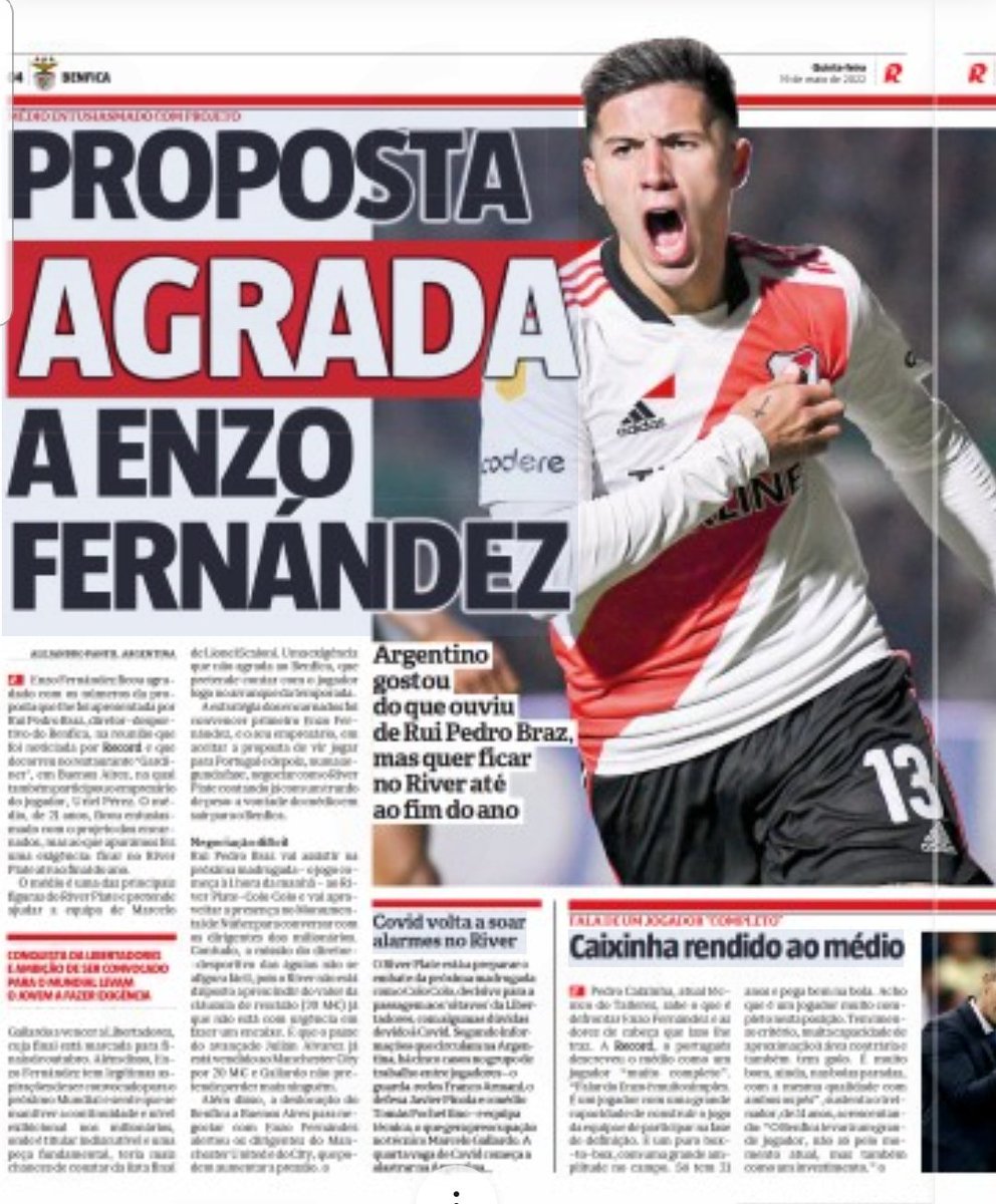 En la previa de <a href="/RiverPlate/">River Plate</a> vs. <a href="/ColoColo/">Colo-Colo</a>, Enzo Fernández vuelve a ser tapa y noticia en <a href="/Record_Portugal/">Record</a>