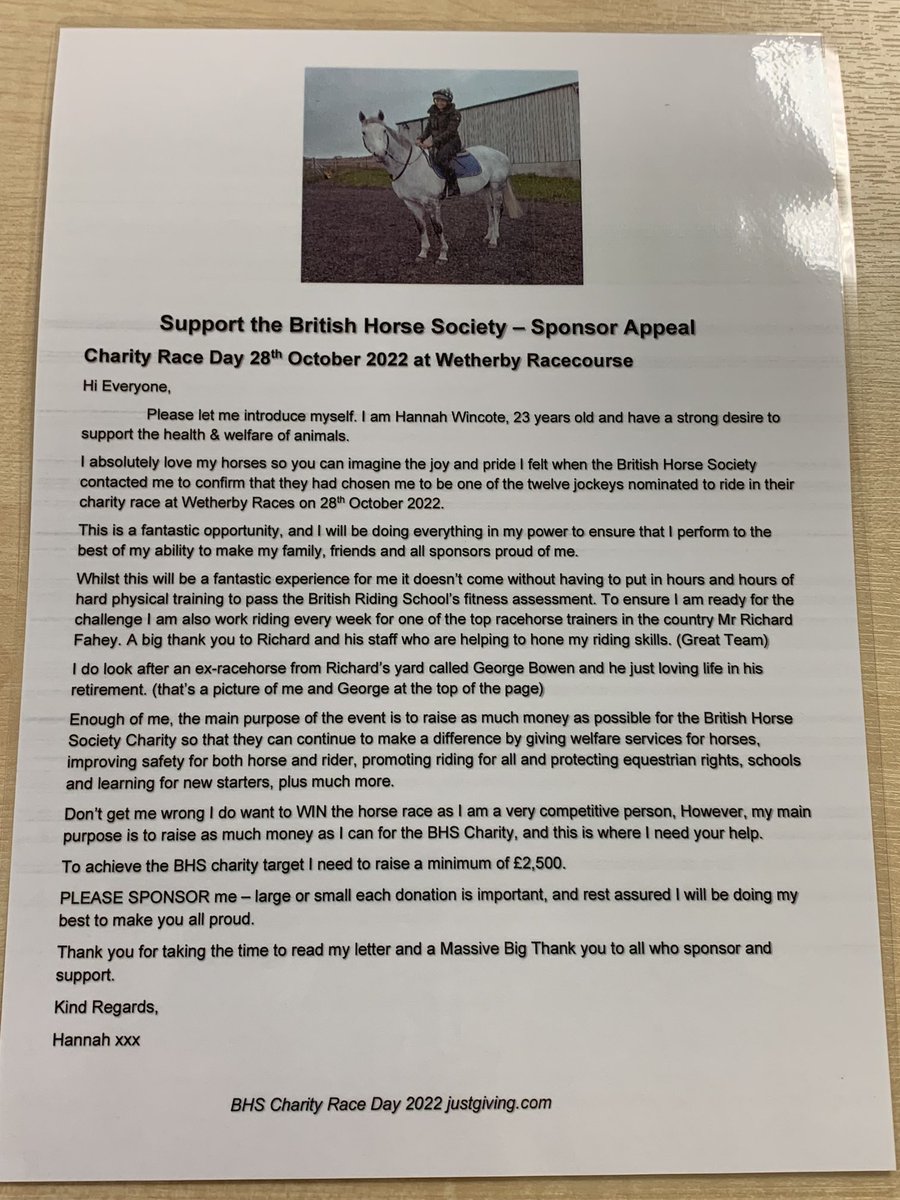 MickScaife1959's tweet photo. Just noticed a sponsor appeal letter by Hannah the young lady who looks after George Bowen in his retirement. A worthy event so please donate if you can. Big thanks to RIchard and his team who do so much to make sure the horses have nice homes after racing. https://t.co/FsXVxeWS6U