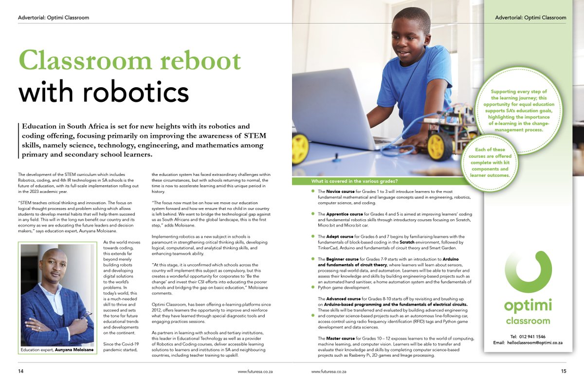 FutureSA9's tweet photo. Education is South Africa is set for new heights....

#Optimi #Education #Robotics #Coding #STEMskills #Technology #Science #Engineering https://t.co/hO0oU85IiI