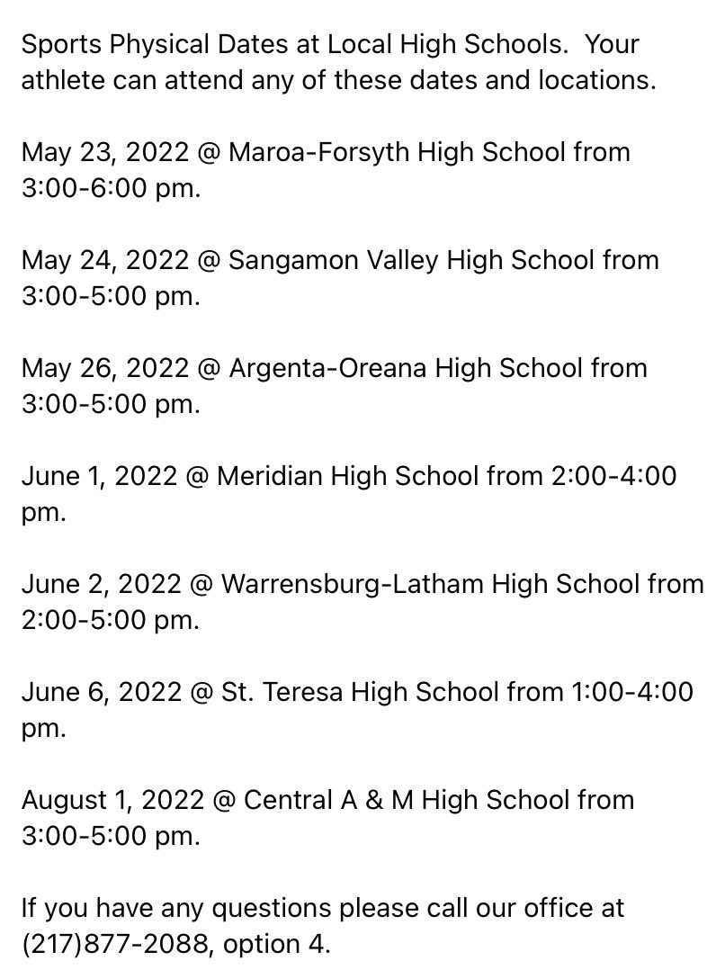 ORSCI_Decatur's tweet photo. Sports physicals for the 2022-2023 school year start next week.  

Even if you don’t attend these schools, you can get your sports physicals done at one of these sites. @MaroaForsythHS @StormSvhs @AOHSAthletics @hs_meridian @reedyb_wl @StT_athletics @CAMPrincipal https://t.co/QDIXuAycTu