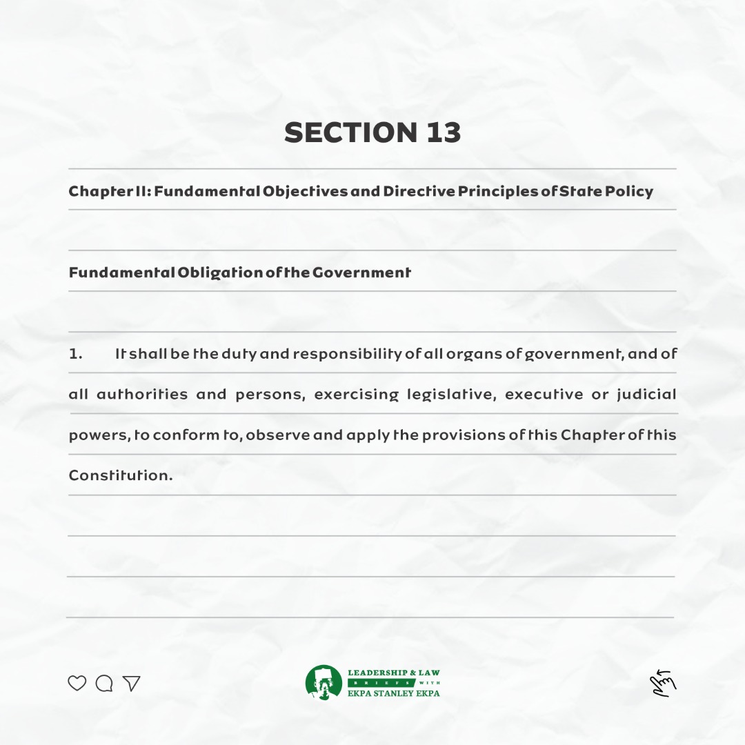 conclausesclass's tweet photo. Section 13 - Fundamental Obligations of the Government 

Section 13, which is the first section under Chapter Two of the constitution, provides for the Fundamental Objectives and Directive Principles of State Policy, https://t.co/x8r4sT44bS