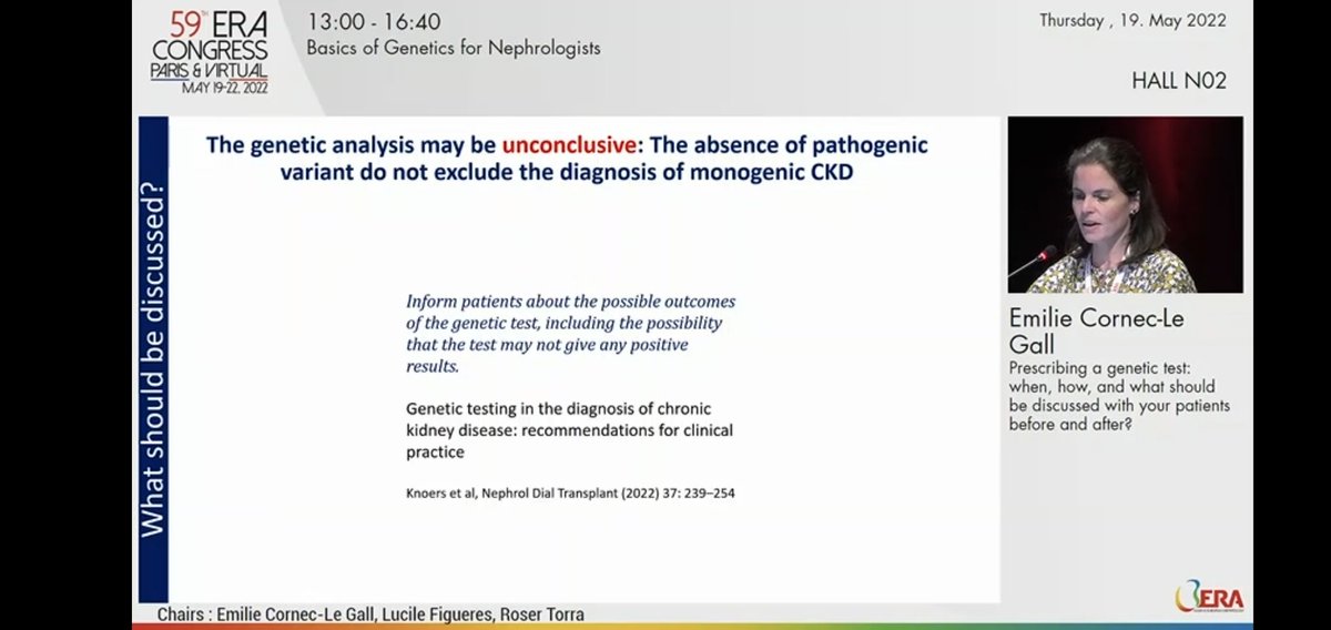 iamnephrologist's tweet image. 🌸BASICS OF GENETICS FOR NEPHROLOGISTS
♨️Prescribing a genetic test: when, how, and what should be discussed with your patients before and after? 
By Emilie Cornec Le Gal

🔆Unconclusive genetic test doesn't exclude monogenic CKD‼️

#ERA22 #GENera22