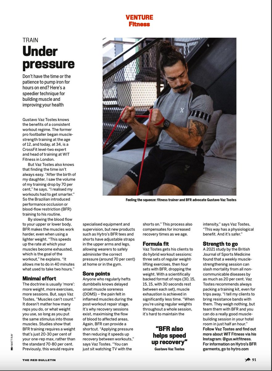 I've just been published in The Red Bulletin mag - I interviewed strength and conditioning expert Gustavo Vaz Tostes on the power of Blood Flow Restriction for maxing out your workout gains in record time #journo #strength #workouts #redbull <a href="/theredbulletin/">The Red Bulletin</a> <a href="/Hytrotraining/">Hytro</a>