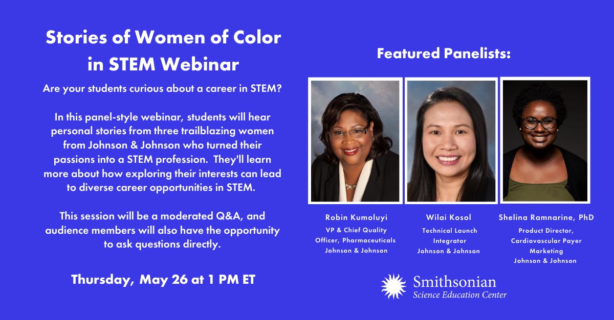 Are your middle school students interested in pursuing a STEM career? 

During the “Women of Color in STEM” webinar on May 26, they’ll have the opportunity to connect and ask questions to scientists from <a href="/JNJNews/">Johnson & Johnson</a>! 

Register here: s.si.edu/3LeTOzG