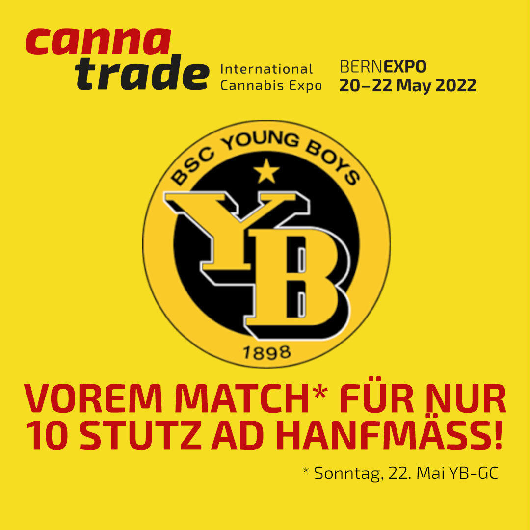 CannaTrade invites all YB fans to visit the CannaTrade - Hemp Fair before the YB-GC match on Sunday 22 May. 🍀 Show your season ticket or match ticket at the box office and get your day ticket for CHF 10.- instead of 19.- ! 🎟️
