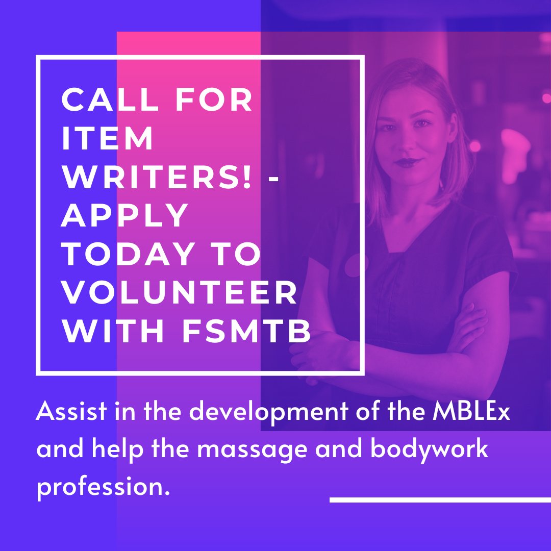 FSMTB's tweet photo. Volunteer as an Item Writer for FSMTB! We are always looking for qualified volunteers to assist in the development of the MBLEx and its supporting materials. Find out more here: https://t.co/nhwLJawtYy
#volunteer #fsmtb https://t.co/rcVa3grEK8