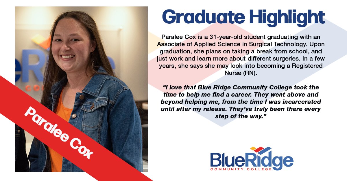 BlueRidgeCC's tweet photo. Meet Paralee Cox, one of our graduating students here at Blue Ridge Community College. Check out her awesome bio here!
We are so thrilled for our graduates and wish them the very best in their endeavors. Join us in congratulating them.
#BlueRidgeGrad #GraduateHighlight https://t.co/zi25y9f2b4