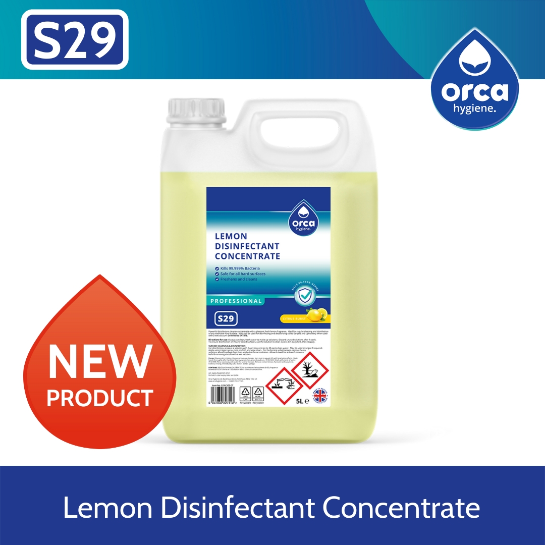 New product alert! Our S29 Lemon Disinfectant Concentrate is a powerful #disinfectant #cleaner #concentrate with a pleasant fresh lemon fragrance: orcahygiene.com/housekeeping/p…