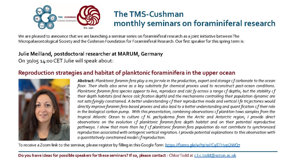 MicropalaeoSoc's tweet photo. 📣Seminar Series Reminder📣
@CushmanFdn and TMSoc will be holding a monthly seminar series on foraminiferal research!

First up is Dr Julie Meilland (@JulieMeilland) on the 30th May 14:00 CET

Join us by completing this form👇
https://t.co/Emsa6gLZKw

@marum_de @TMS_Foram https://t.co/WtEperTi6T