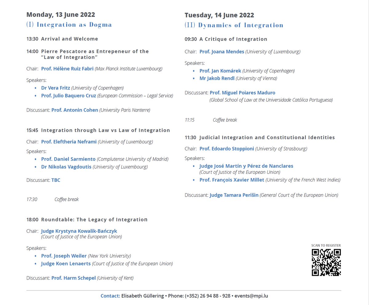 MPI_Luxembourg's tweet photo. Registration for the conference ‘Pescatore and the Law of Integration: Dogma and Critique in the European Union’ (13-14/06/2022) is now open: https://t.co/djMJ8tNhpS.
Check out our interesting programme!
@EulawLive @IntLawReporter @esil_sedi @ILA_official https://t.co/Z1QsoFbmwe