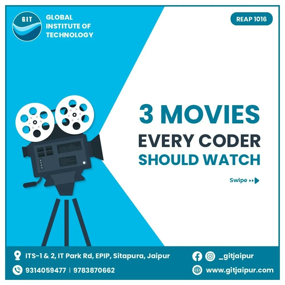 GIT_Jaipur's tweet photo. Cinema is the best art form invented to teach, motivate and inspire but cinema is all entertainment these days. So, here are some underrated masterpieces for coders, have we missed any of your favourite movies, comment below!
.
#gitalmuni #gitjaipurcoleege #gitcollege #coderslife https://t.co/8IJ1rS9Ln4
