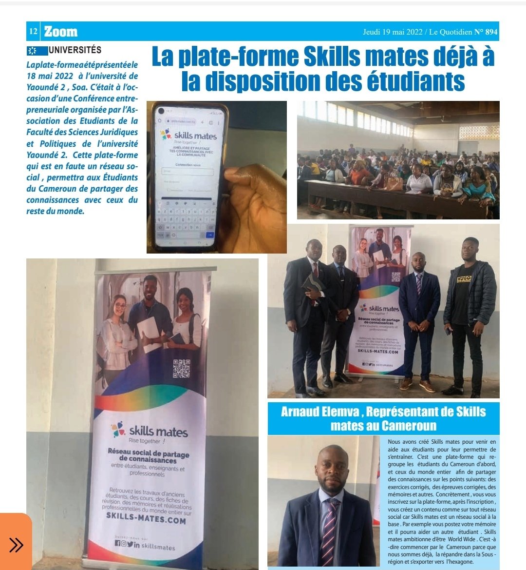 Melveezy11a's tweet photo. Skills Mates, notre réseau social de partage de connaissances fait son chemin au Cameroun. 

Merci @Université de Yaoundé 2.

👇
https://t.co/MlNJ51PvfH

#skillsmates #yamogroup #partagedeconaissance
#etudes #entraide #université https://t.co/BQDjRx4HAr
