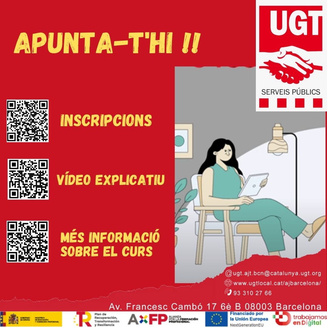 Apunta't al curs GRATUÏT de DIGITALITZACIÓ APLICADA AL SERVEI PRODUCTIU💻 de 30h ⏱ACREDITABLE
ORGANITZAT PER LA #UGT✊
<a href="/ugtajbcn/">UGT Ajuntament Barcelona ®️</a> <a href="/gubsplugt/">UGT SPL GUB®️</a> <a href="/ugtimebconsorci/">UGT imebceb</a>  
Subvencionat pel Ministeri d'Educació i de Formació Professional U-E Next Generation 
Inscriviu-vos-hi!