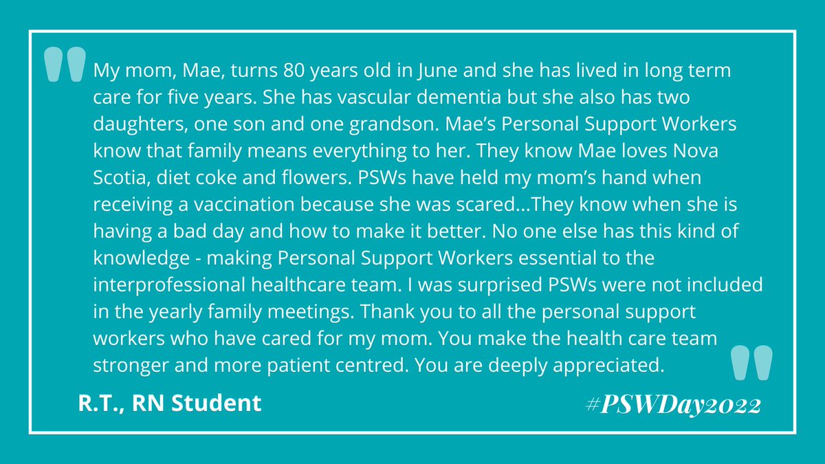 TIER_UHN's tweet photo. They know when my mother Mae is having a bad day and how to make it better. No one else has this kind of knowledge - making Personal Support Workers essential to the interprofessional healthcare team. Like and share. #PSWDay2022 #psw #ThankaPSW #PSWDay #PersonalSupportWorkerDay https://t.co/WhFIB0Rp3V
