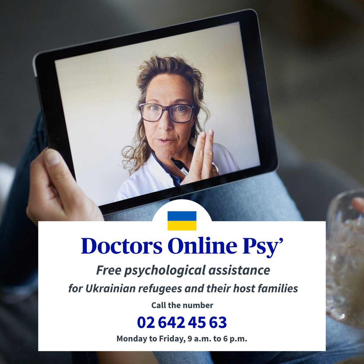 axabelgium's tweet photo. Help for #Ukraine
Until 30 June, #DoctorsOnlinePsy, our online psychological assistance service, is available free of charge to host families and Ukrainian refugees under temporary protection status. Consultations are in French, Dutch, English and Ukrainian. https://t.co/0XCYCTfyjU