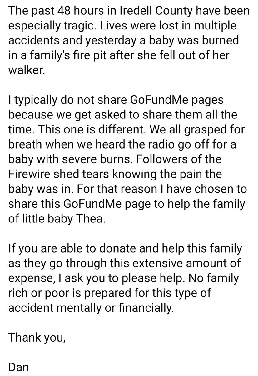 IredellFirewire's tweet photo. BABY THEA SUFFERS 2ND AND 3RD DEGREE BURNS AFTER FALLING INTO A FIRE PIT YESTERDAY IN STATESVILLE
https://t.co/M8nzQ2d6Xs https://t.co/4zxmqbzbJK