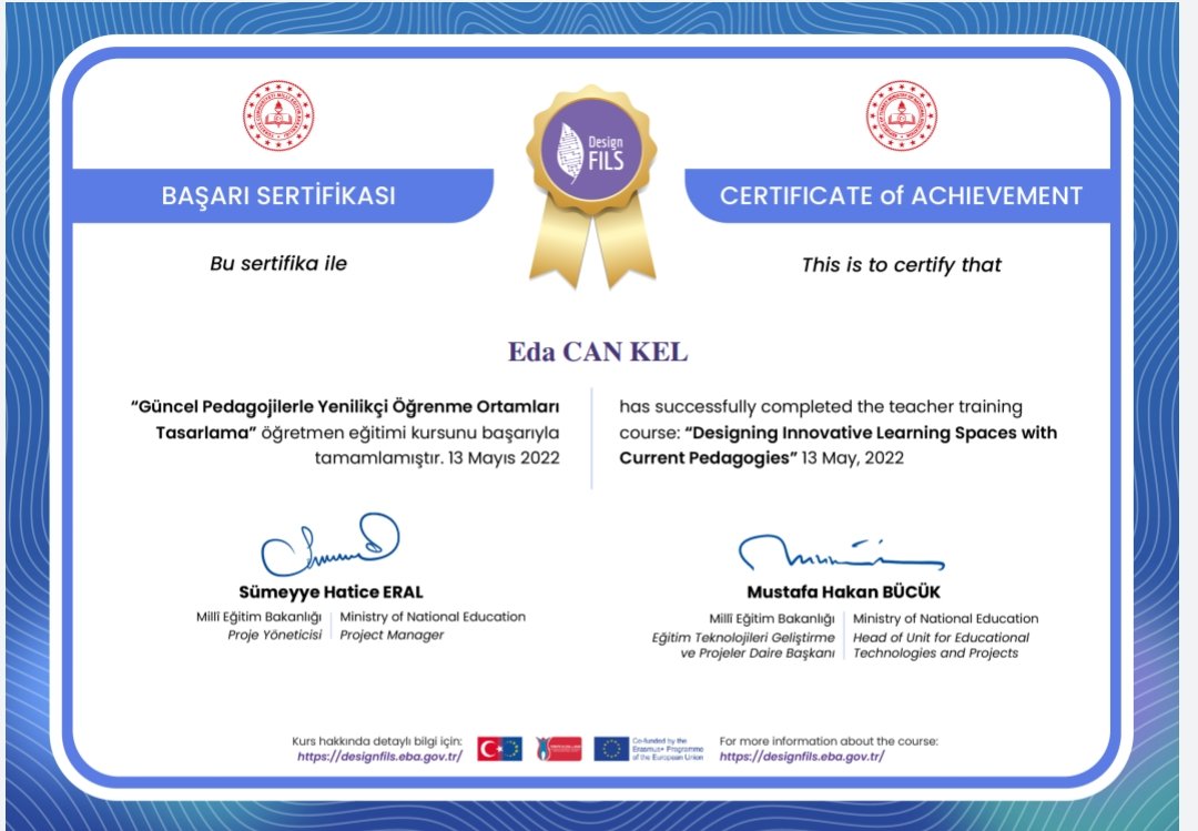 edacankel's tweet photo. Milli Eğitim Bakanlığı YEĞİTEK tarafından yürütülen DesignFils Projesi kapsamında 6 hafta süren Güncel Pedagojilerle Yenilikçi Öğrenme Ortamları Tasarlama Eğitimi'ni tamamlayıp sertifikamızı aldık.
Teşekkürler @BilgeAKINCI32 
@FclTurkiye 
@mebyegitek https://t.co/wmRXq67f95